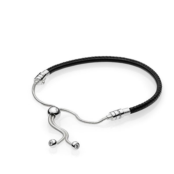 Pandora Βραχιόλι δερμάτινο ασ.925 με κυβ. ζιρκόνια, αποσπώμενο κούμπωμα 597225CBK