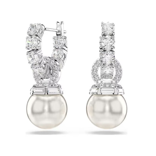 Swarovski Σκουλαρίκια Matrix Crystal pearl, Στρογγυλή κοπή, Λευκά, Επιμετάλλωση ροδίου 5691716