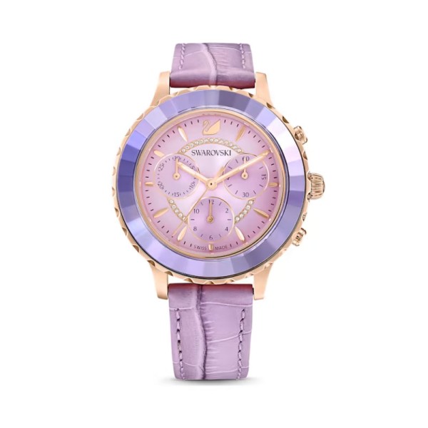Ρολόι Swarovski Οκτέα Λουξ Χρόνο Ελβετικής κατασκευής, Δερμάτινο λουράκι, Μωβ, Φινίρισμα σε ροζ χρυσό 5632263