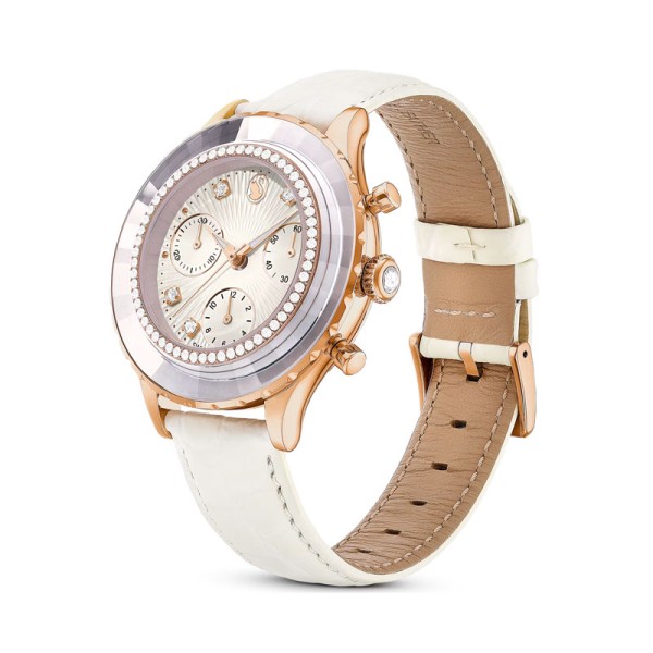 Swarovski Ρολόι Octea Chrono, Δερμάτινο λουράκι, Λευκό, Φινίρισμα σε χρυσό σαμπανί τόνο 5671150 Swarovski Ρολόι Octea Chrono, Δερμάτινο λουράκι, Λευκό, Φινίρισμα σε χρυσό σαμπανί τόνο 5671150