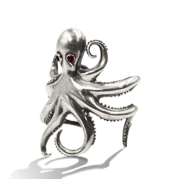 Tony Mara Ασημένιο βραχιόλι χταποδιού με χειροποίητες λεπτομέρειες και ρουμπινί μάτια από πολύτιμους λίθους