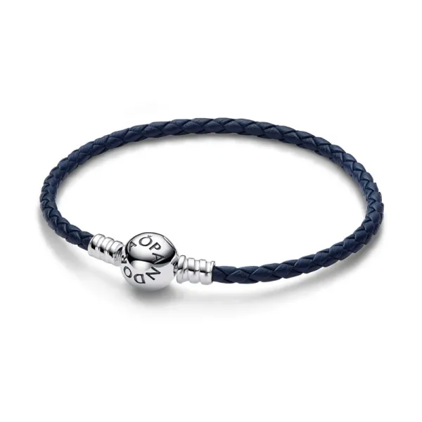 Pandora Μπλε δερμάτινο βραχιόλι με στρογγυλό κούμπωμα Pandora Moments 592790C01