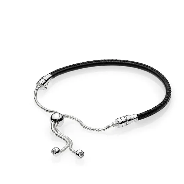 Pandora Βραχιόλι δερμάτινο ασ.925 με κυβ. ζιρκόνια, αποσπώμενο κούμπωμα 597225CBK