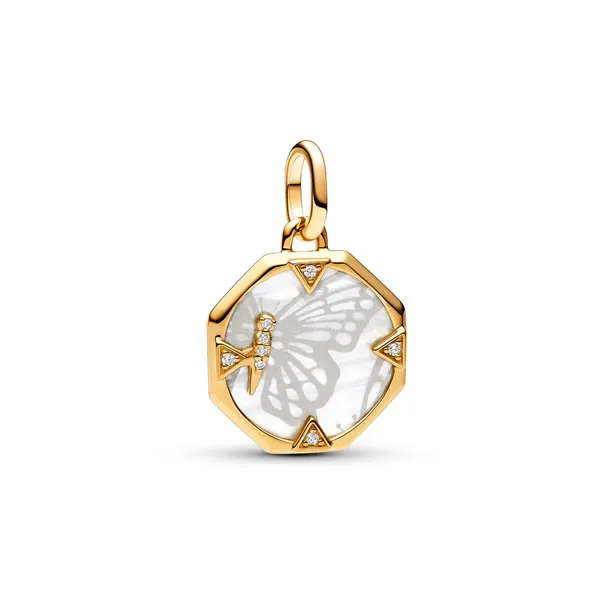 Pandora Μενταγιόν με επίστρωση χρυσού 14Κ, κυβ. ζιρκόνια & λευκό τεχνητό φίλντισι, πεταλούδα 763366C01