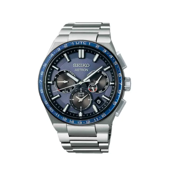 Seiko Ανδρικό ρολόι Astron Solar Διπλής ώρας Ασημί από ανοξείδωτο ατσάλι SSH109J1