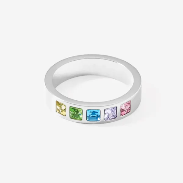 Coeur de Lion Δαχτυλίδι από ανοξείδωτο ατσάλι ασημί & τετράγωνα κρύσταλλα pavé πολύχρωμο παστέλ 0130401580