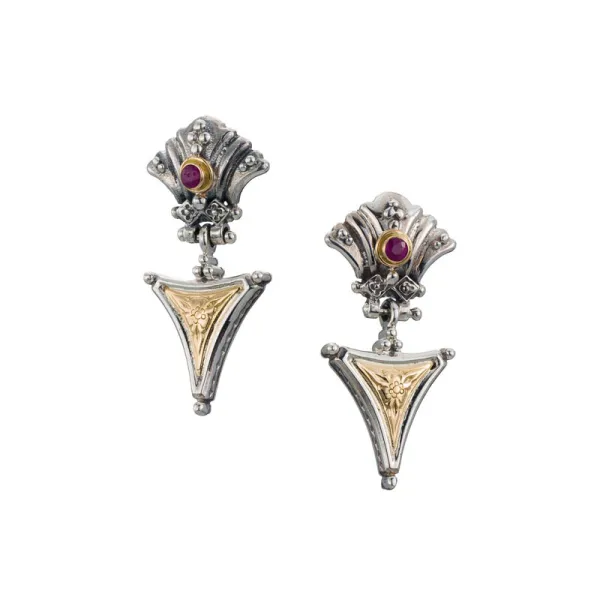 Gerochristo Santorini triangle earrings in 18K Gold and Sterling Silver with ruby 1062