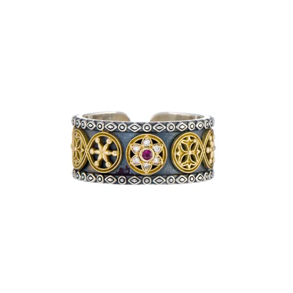 Gerochristo Symbol adjustable Ring in 18K Gold and Sterling silver with precious stones 20354