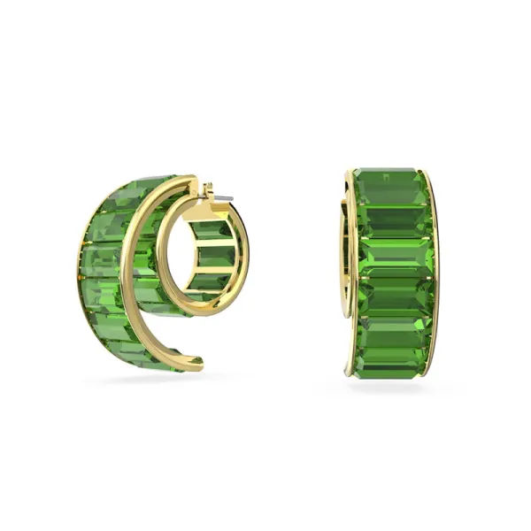 Swarovski Matrix hoop earrings Baguette cut, Green, Gold-tone plated 5629297
