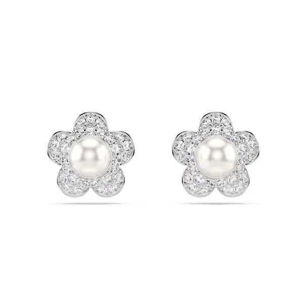 Swarovski Σκουλαρίκια Crystal pearl, Στρογγυλή κοπή, Λουλούδι, Λευκά, Επιμετάλλωση ροδίου 5756098