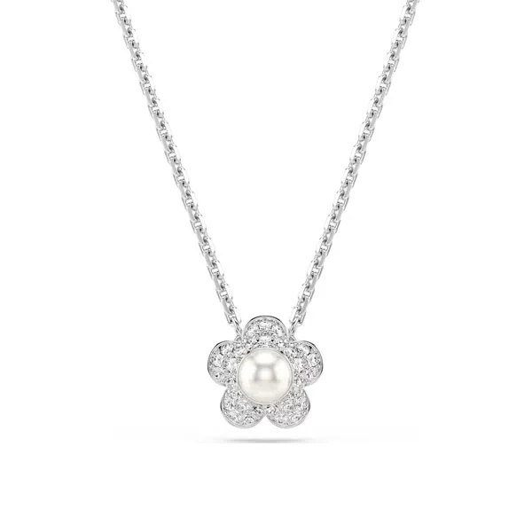 Swarovski Μενταγιόν Crystal pearl, Στρογγυλή κοπή, Λουλούδι, Λευκό, Επιμετάλλωση ροδίου 5755817