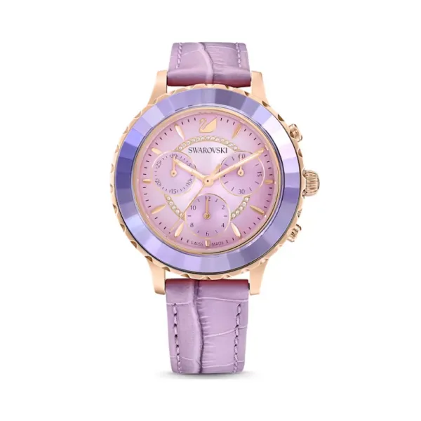 Ρολόι Swarovski Οκτέα Λουξ Χρόνο Ελβετικής κατασκευής, Δερμάτινο λουράκι, Μωβ, Φινίρισμα σε ροζ χρυσό 5632263