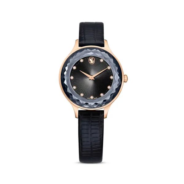 Swarovski Ρολόι Οκτέα Nova Ελβετικής κατασκευής, Δερμάτινο λουράκι, μαύρο, Φινίρισμα σε ροζ χρυσό 5650033