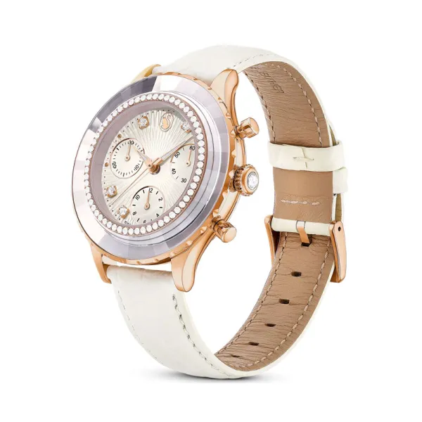 Swarovski Ρολόι Octea Chrono, Δερμάτινο λουράκι, Λευκό, Φινίρισμα σε χρυσό σαμπανί τόνο 5671150