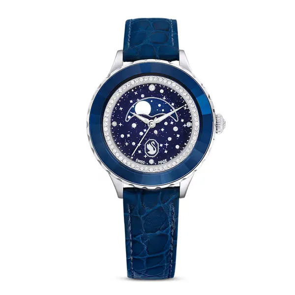 Swarovski Ρολόι Octea Σελήνη Ελβετικής κατασκευής, Δερμάτινο λουράκι, Μπλε, Ανοξείδωτο ατσάλι 5677494